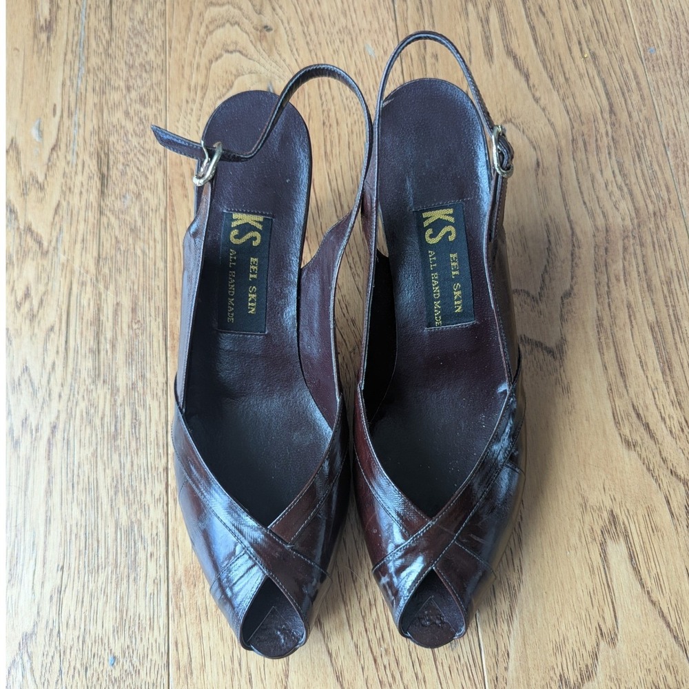 Vtg Kitten Heels Brown Eel Skin Peep Toe‎ Slingback Pumps Sz 5.5 Exotic Leather